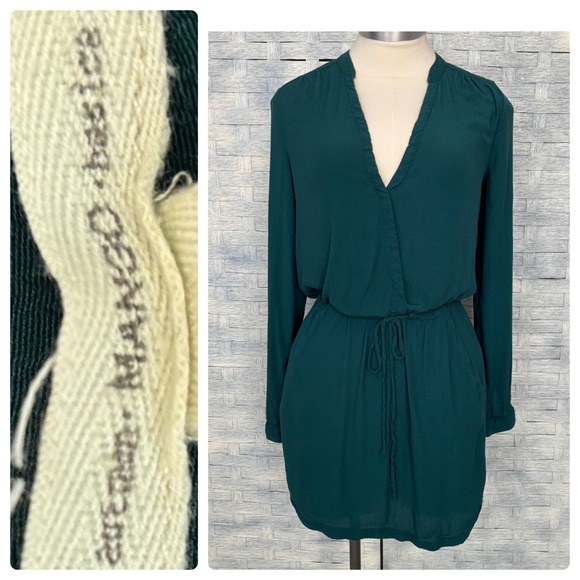 Mango Basics Dresses & Skirts - Mango Womens XS Shirt Dress Basics Green V‎ Neck Long Sleeve Drawstring Waist